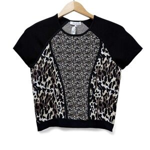 Parker Women’s Knit Short Sleeve Top – Animal Print Panel Sweater Tee, Size M